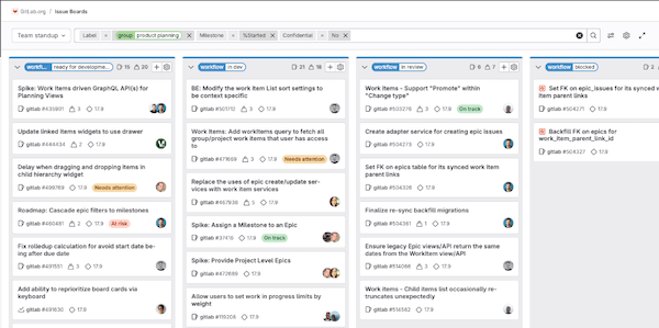 Issue board called &ldquo;Team stand-up&rdquo; with workflow lists but no issues
