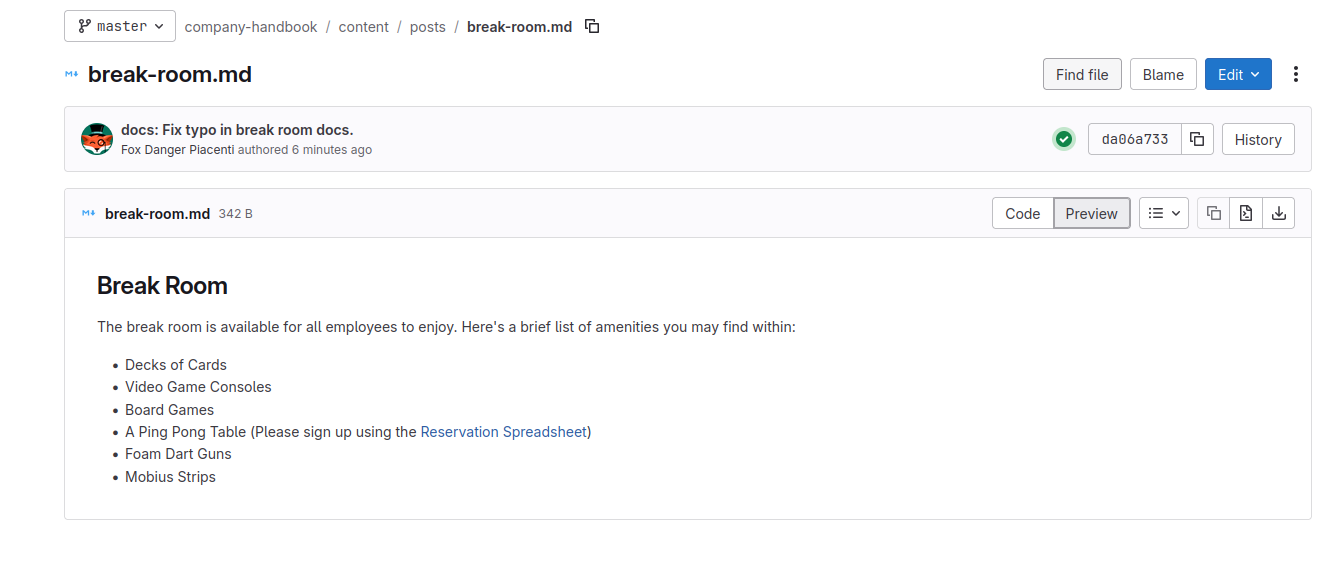The &ldquo;break-room.md&rdquo; file is shown in detail. Its contents show amenities such as cards, video games, and a pool table.