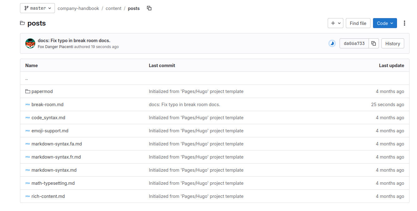 A file listing on the project home page. It shows a project named &ldquo;Company Handbook&rdquo; with files named things like &ldquo;break-room.md&rdquo;.