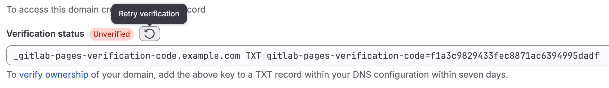 GitLab Pages settings showing the Retry verification option for a domain.